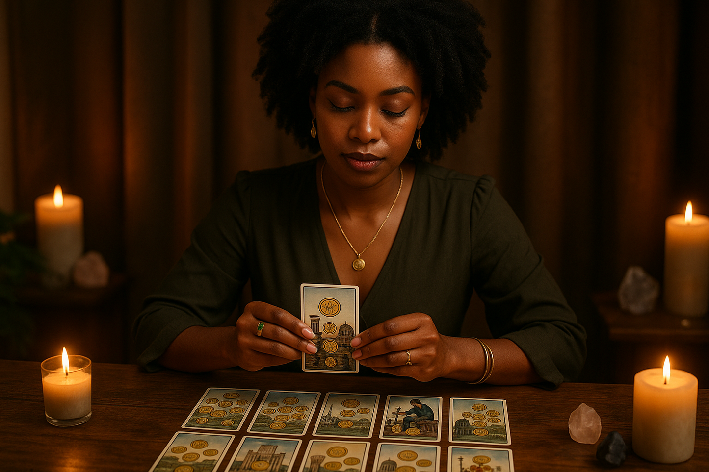 create a black women doing a young lady in her 24 money and career tarot reading