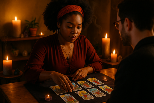 create a black women doing a man tarot reading 