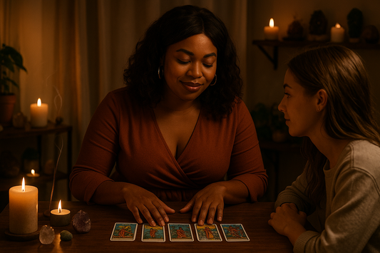 create a black women doing a mini  tarot reading for a young  23 year old lead sitting in front  of her 