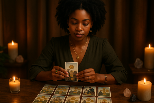 create a black women doing a young lady in her 24 money and career tarot reading
